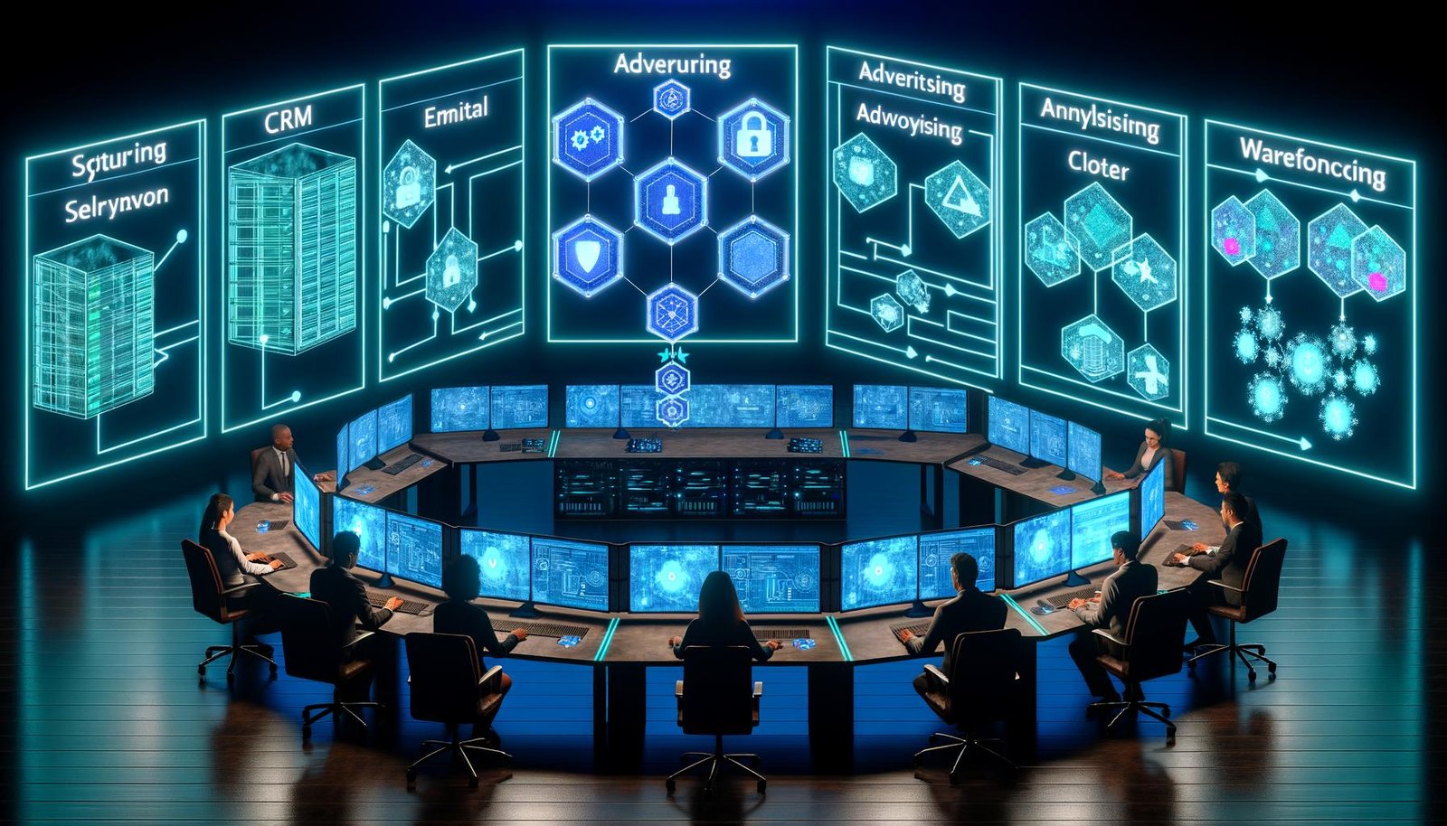 Futuristischer Kontrollraum in Blau/Teal: diverse Marketer an digitalen Terminals; holografische Flowcharts und System-Icons (CRM, E-Mail, Ads, Analytics, Warehouse); Touchscreens mit Mapping, Filtern, Routern und Echtzeit-Fehlerlogs; Sicherheits-Overlays mit Schloss, Schild und GDPR-Symbolen.