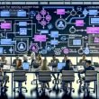 Großes ActiveCampaign-Dashboard mit Flowcharts, Segmenten und Lead-Scoring; vorne arbeiten Marketer und Entwickler an Laptops mit Triggern, DOI-Formular, QA-Checks und API/Webhooks (E-Mail, SMS, Facebook).