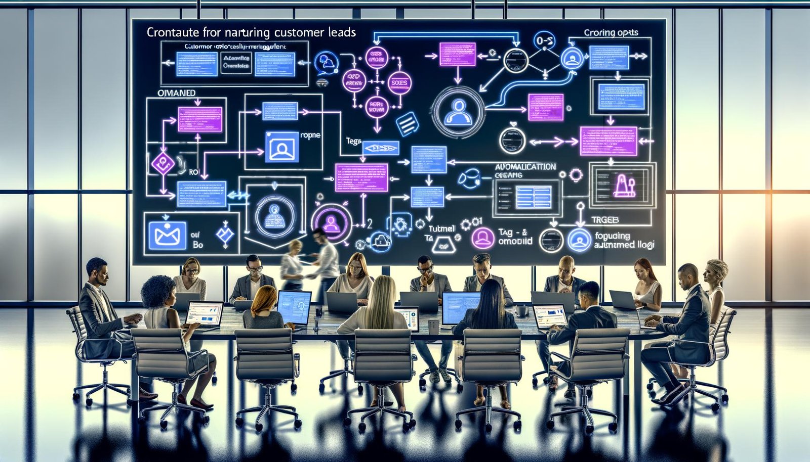 Großes ActiveCampaign-Dashboard mit Flowcharts, Segmenten und Lead-Scoring; vorne arbeiten Marketer und Entwickler an Laptops mit Triggern, DOI-Formular, QA-Checks und API/Webhooks (E-Mail, SMS, Facebook).
