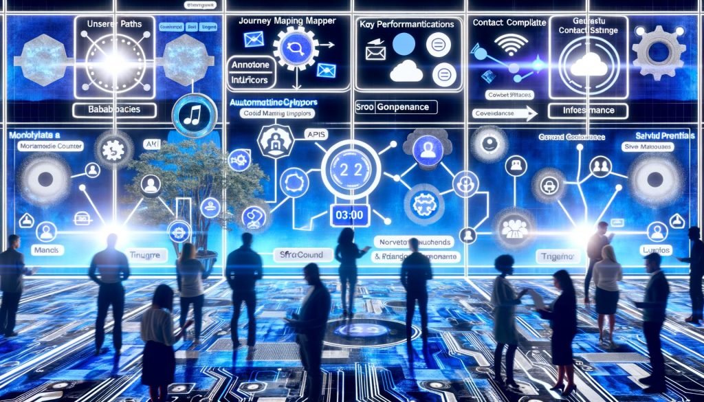 Team vor Monitoren mit Salesforce Marketing Cloud (Journey Builder, Automation Studio, Contact Builder); Datenflüsse über API/SFTP/Webhooks; Fehlerlogs, Compliance; Uhr zeigt 03:00.