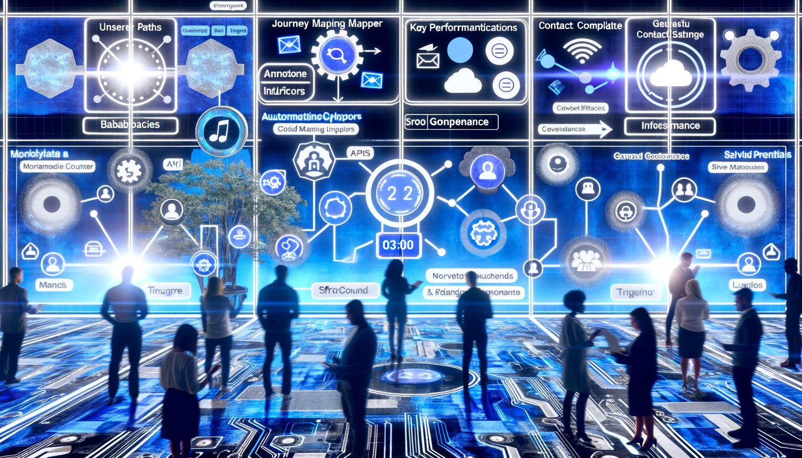 Team vor Monitoren mit Salesforce Marketing Cloud (Journey Builder, Automation Studio, Contact Builder); Datenflüsse über API/SFTP/Webhooks; Fehlerlogs, Compliance; Uhr zeigt 03:00.