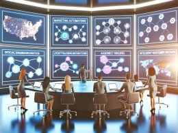 High-Tech-Marketing-War-Room mit Displays zu Klaviyo-Automationen, Event-Tracking, Customer-Journey-Maps und Segment-Dashboards; Team optimiert E-Mail- und SMS-Flows.