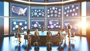 High-Tech-Marketing-War-Room mit Displays zu Klaviyo-Automationen, Event-Tracking, Customer-Journey-Maps und Segment-Dashboards; Team optimiert E-Mail- und SMS-Flows.