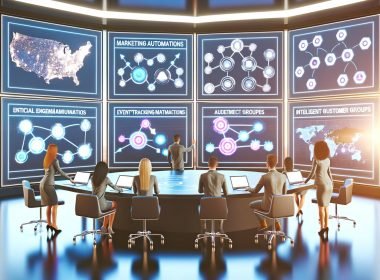 High-Tech-Marketing-War-Room mit Displays zu Klaviyo-Automationen, Event-Tracking, Customer-Journey-Maps und Segment-Dashboards; Team optimiert E-Mail- und SMS-Flows.