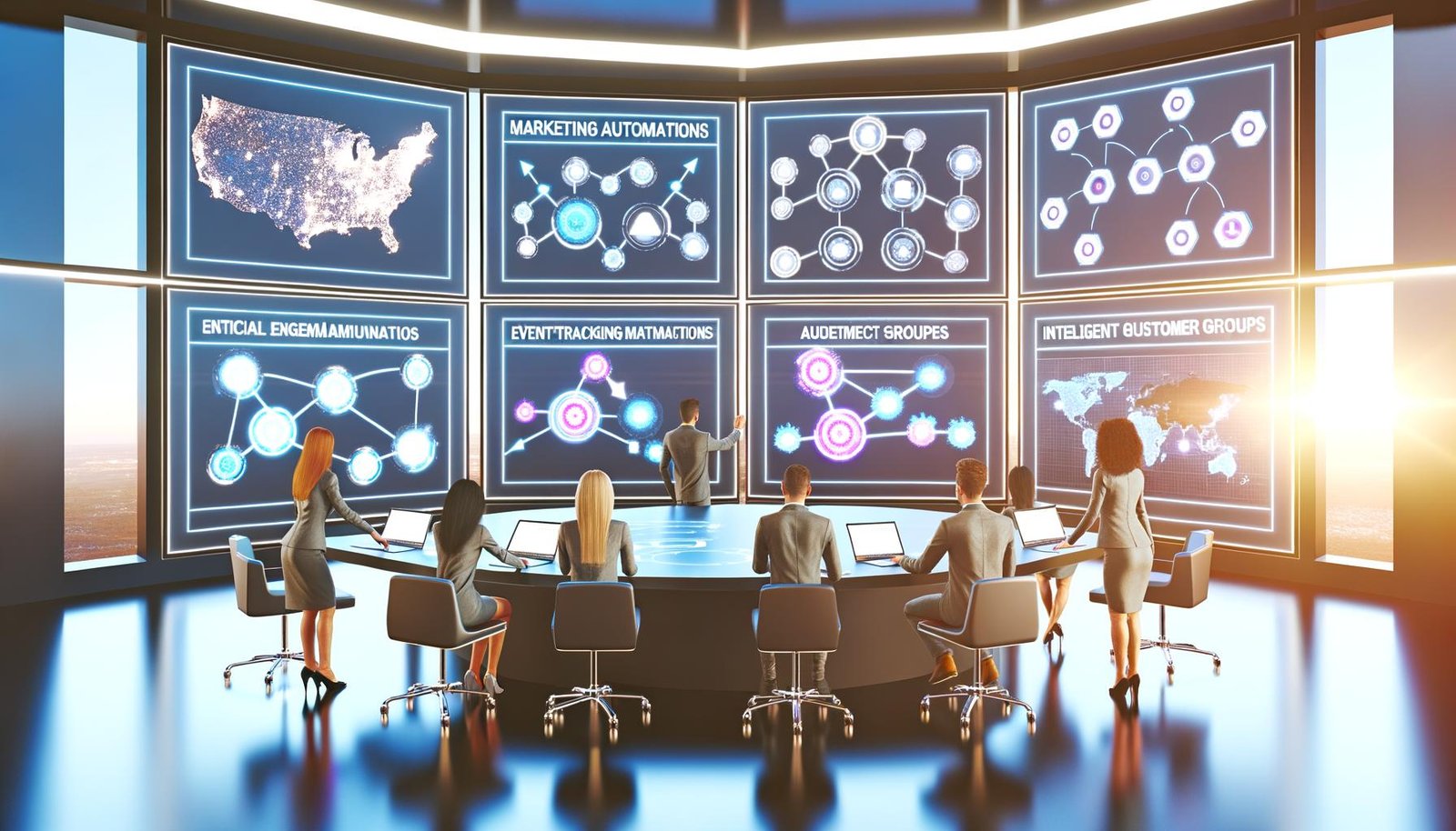 High-Tech-Marketing-War-Room mit Displays zu Klaviyo-Automationen, Event-Tracking, Customer-Journey-Maps und Segment-Dashboards; Team optimiert E-Mail- und SMS-Flows.