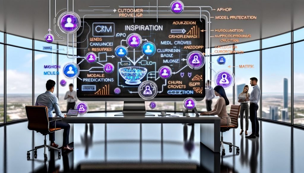 Ultrabreiter Monitor mit CRM-Dashboard, KI-Insights und holografischen Visualisierungen; transparente API/Webhook-Aktivität, Team diskutiert MLOps, DSGVO-Compliance und Identity Resolution im modernen Open Office.