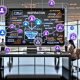 Ultrabreiter Monitor mit CRM-Dashboard, KI-Insights und holografischen Visualisierungen; transparente API/Webhook-Aktivität, Team diskutiert MLOps, DSGVO-Compliance und Identity Resolution im modernen Open Office.