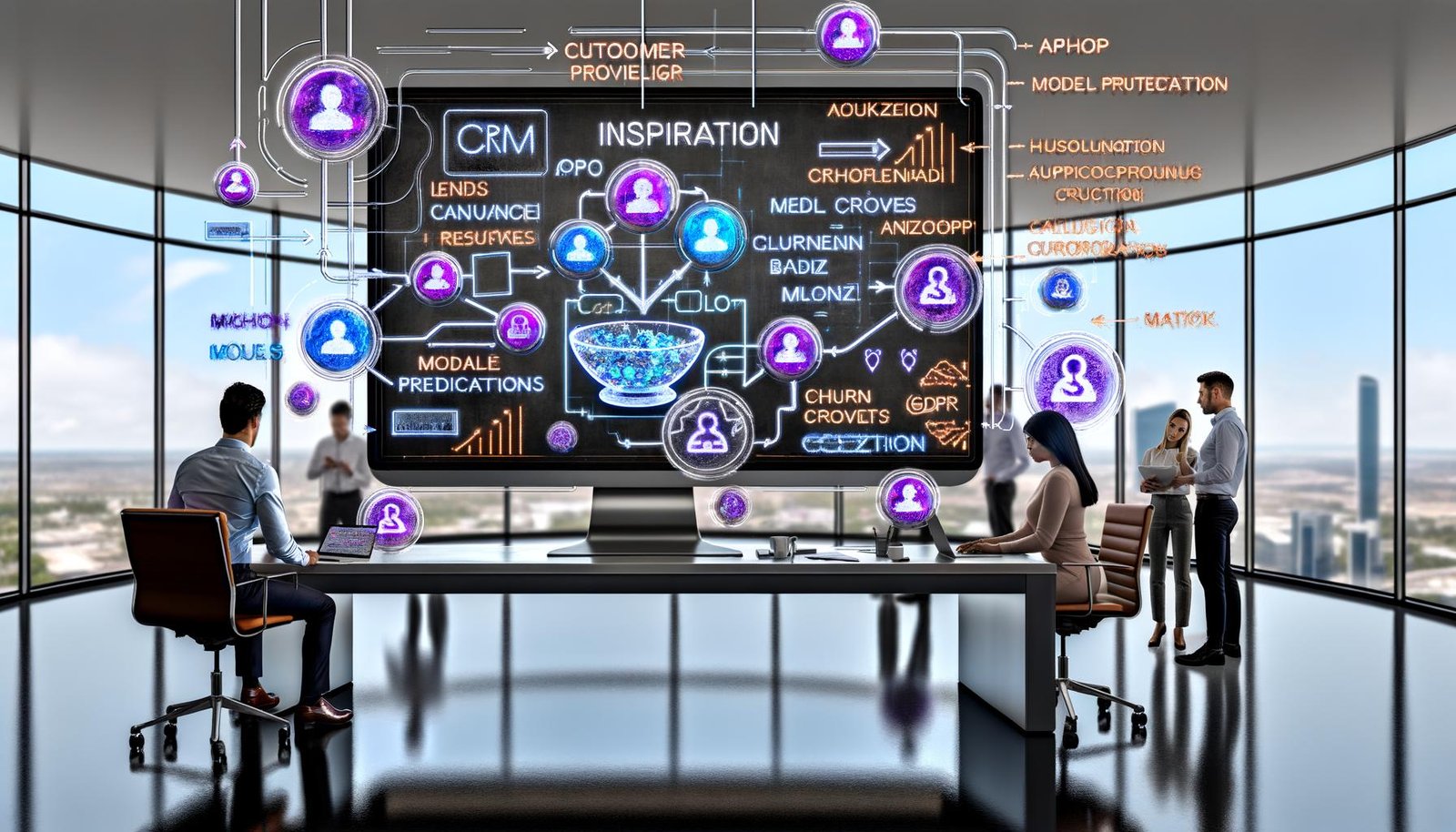 Ultrabreiter Monitor mit CRM-Dashboard, KI-Insights und holografischen Visualisierungen; transparente API/Webhook-Aktivität, Team diskutiert MLOps, DSGVO-Compliance und Identity Resolution im modernen Open Office.