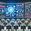 Hightech-Marketing-Kontrollraum mit leuchtenden Dashboards, API-Maps und segmentierten Kundenprofilen; ChatGPT-Symbol orchestriert Kanäle; Team kollaboriert; Schilde und Datentresore signalisieren Compliance.