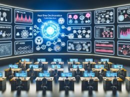 Hightech-Marketing-Kontrollraum mit leuchtenden Dashboards, API-Maps und segmentierten Kundenprofilen; ChatGPT-Symbol orchestriert Kanäle; Team kollaboriert; Schilde und Datentresore signalisieren Compliance.