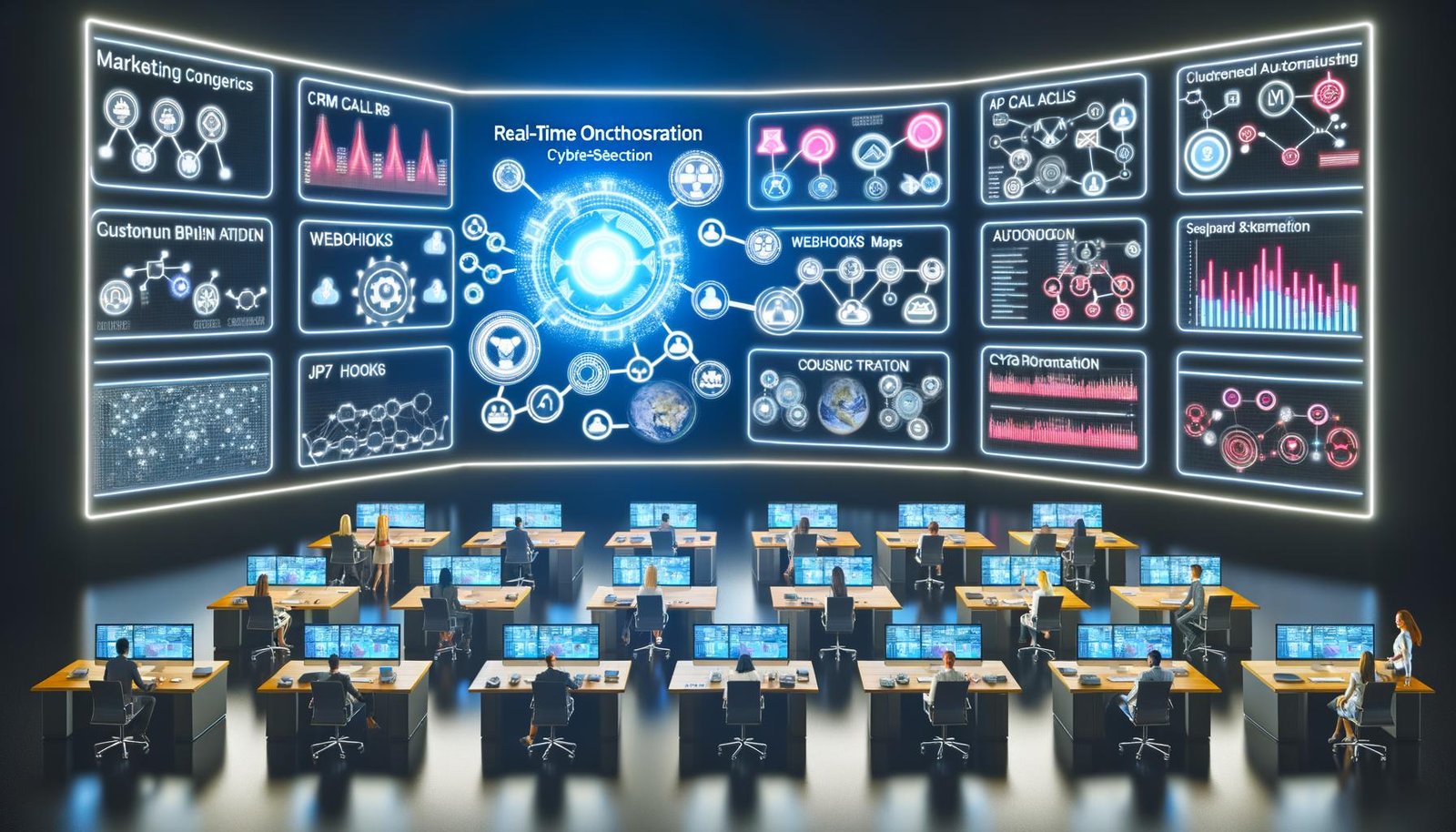 Hightech-Marketing-Kontrollraum mit leuchtenden Dashboards, API-Maps und segmentierten Kundenprofilen; ChatGPT-Symbol orchestriert Kanäle; Team kollaboriert; Schilde und Datentresore signalisieren Compliance.