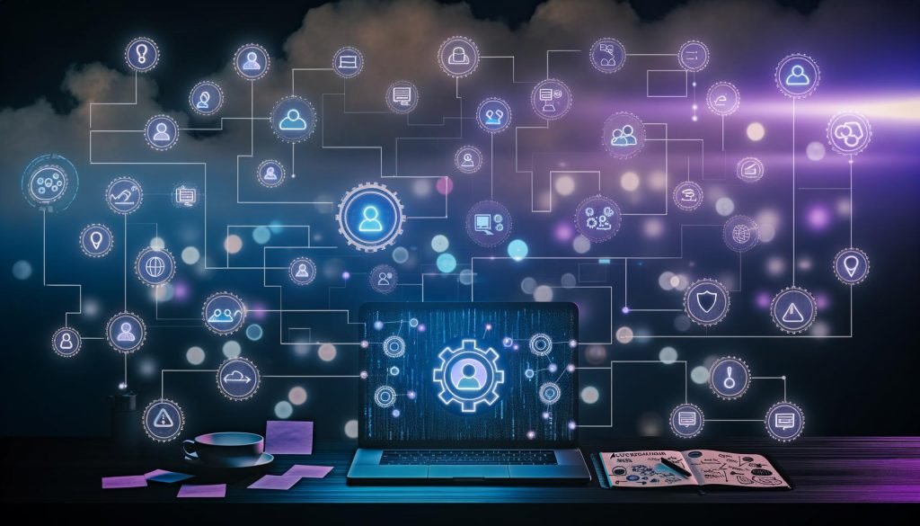 LED-beleuchteter Arbeitsplatz bei Nacht mit Laptop, der ein LinkedIn-Automatisierungs-Dashboard mit Flows, Grafiken und Nachrichten zeigt; im Hintergrund Zahnräder, Cloud/API, Proxys sowie Compliance-, Datenschutz- und Warnsymbole.