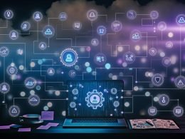 LED-beleuchteter Arbeitsplatz bei Nacht mit Laptop, der ein LinkedIn-Automatisierungs-Dashboard mit Flows, Grafiken und Nachrichten zeigt; im Hintergrund Zahnräder, Cloud/API, Proxys sowie Compliance-, Datenschutz- und Warnsymbole.