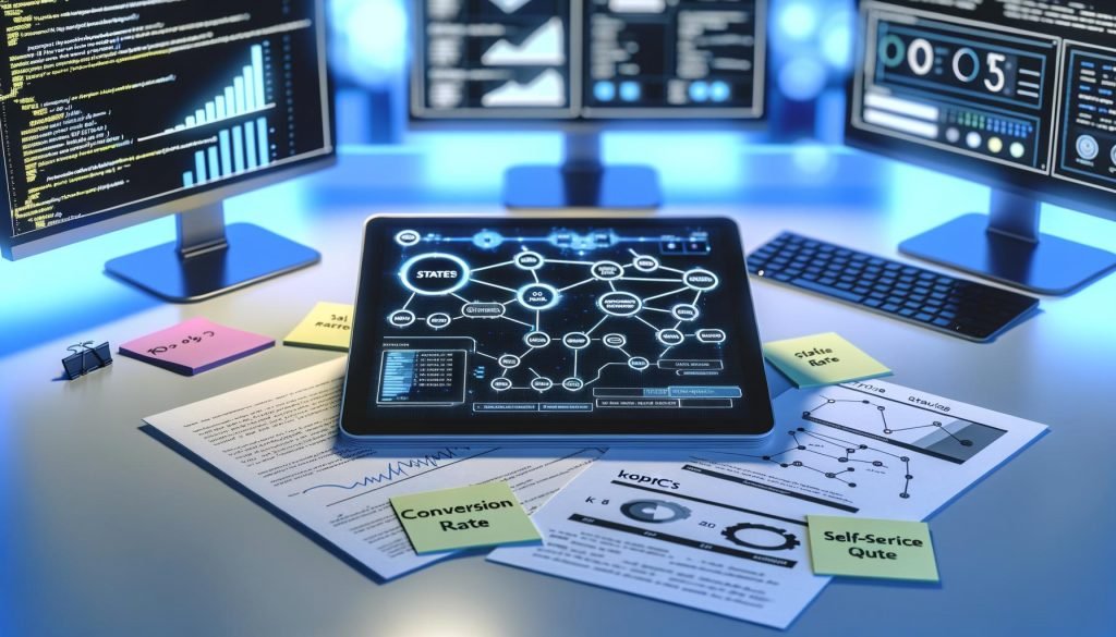 Aufsicht auf modernen Schreibtisch mit Tablet, das einen komplexen Chatbot‑Flow mit Knoten, Pfeilen, Zuständen, Intents und Slots zeigt; daneben KPIs auf Haftnotizen (»Conversion Rate«, »Self‑Service Quote«) sowie Ausdrucke mit Analytics‑Grafiken und Zustandsmaschinen; blau‑weißes Licht, Monitore mit Dashboard‑Metriken und Code im Hintergrund.