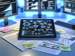 Aufsicht auf modernen Schreibtisch mit Tablet, das einen komplexen Chatbot‑Flow mit Knoten, Pfeilen, Zuständen, Intents und Slots zeigt; daneben KPIs auf Haftnotizen (»Conversion Rate«, »Self‑Service Quote«) sowie Ausdrucke mit Analytics‑Grafiken und Zustandsmaschinen; blau‑weißes Licht, Monitore mit Dashboard‑Metriken und Code im Hintergrund.