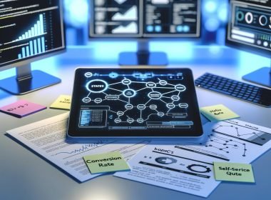 Aufsicht auf modernen Schreibtisch mit Tablet, das einen komplexen Chatbot‑Flow mit Knoten, Pfeilen, Zuständen, Intents und Slots zeigt; daneben KPIs auf Haftnotizen (»Conversion Rate«, »Self‑Service Quote«) sowie Ausdrucke mit Analytics‑Grafiken und Zustandsmaschinen; blau‑weißes Licht, Monitore mit Dashboard‑Metriken und Code im Hintergrund.