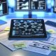 Aufsicht auf modernen Schreibtisch mit Tablet, das einen komplexen Chatbot‑Flow mit Knoten, Pfeilen, Zuständen, Intents und Slots zeigt; daneben KPIs auf Haftnotizen (»Conversion Rate«, »Self‑Service Quote«) sowie Ausdrucke mit Analytics‑Grafiken und Zustandsmaschinen; blau‑weißes Licht, Monitore mit Dashboard‑Metriken und Code im Hintergrund.