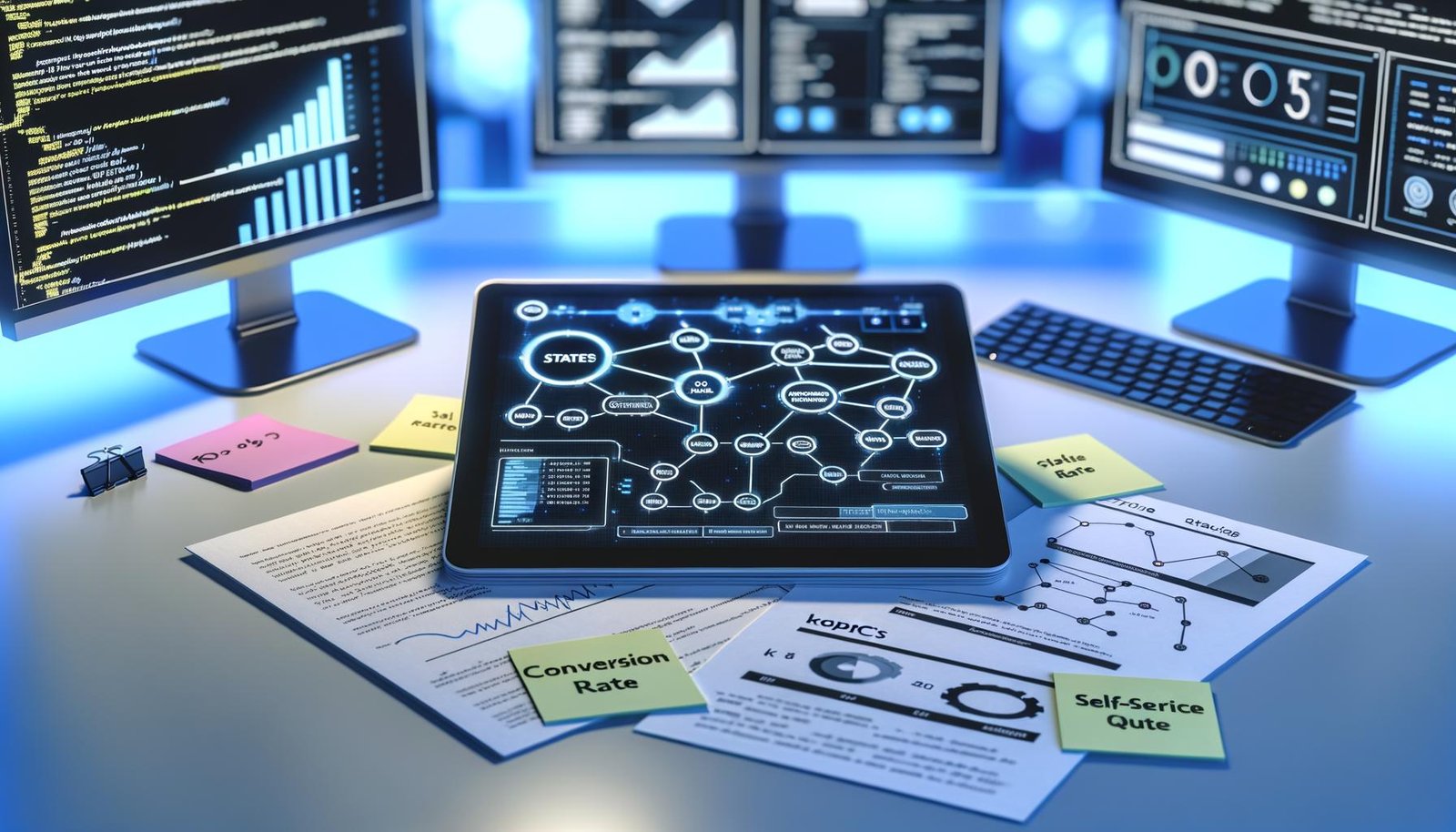 Aufsicht auf modernen Schreibtisch mit Tablet, das einen komplexen Chatbot‑Flow mit Knoten, Pfeilen, Zuständen, Intents und Slots zeigt; daneben KPIs auf Haftnotizen (»Conversion Rate«, »Self‑Service Quote«) sowie Ausdrucke mit Analytics‑Grafiken und Zustandsmaschinen; blau‑weißes Licht, Monitore mit Dashboard‑Metriken und Code im Hintergrund.