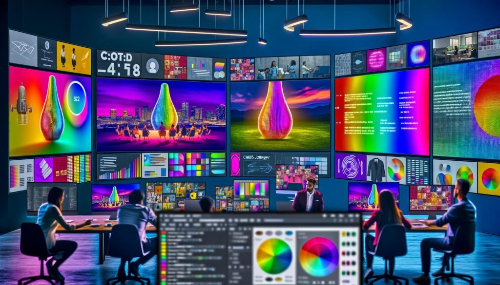 Modernes Kreativstudio: Art Director, Marketer und Designer vor Monitoren mit konsistenten KI-Ad-Visuals (1:1, 4:5, 9:16), Slack-Feedback, Metrik-Dashboard (CTR, CPM, CVR) und Midjourney-Oberfläche mit --ar, --seed, --sref.
