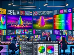 Modernes Kreativstudio: Art Director, Marketer und Designer vor Monitoren mit konsistenten KI-Ad-Visuals (1:1, 4:5, 9:16), Slack-Feedback, Metrik-Dashboard (CTR, CPM, CVR) und Midjourney-Oberfläche mit --ar, --seed, --sref.