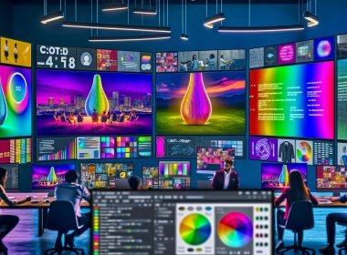 Modernes Kreativstudio: Art Director, Marketer und Designer vor Monitoren mit konsistenten KI-Ad-Visuals (1:1, 4:5, 9:16), Slack-Feedback, Metrik-Dashboard (CTR, CPM, CVR) und Midjourney-Oberfläche mit --ar, --seed, --sref.