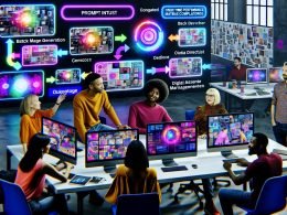 Futuristischer Workspace: diverses Kreativteam vor Screens mit KI-generierten Kampagnen-Assets; Flowchart zu Prompts, Batch-Bildern und DAM; Hologramme mit KPIs und Compliance-Checks, Moodboards und Styleguides.