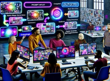 Futuristischer Workspace: diverses Kreativteam vor Screens mit KI-generierten Kampagnen-Assets; Flowchart zu Prompts, Batch-Bildern und DAM; Hologramme mit KPIs und Compliance-Checks, Moodboards und Styleguides.