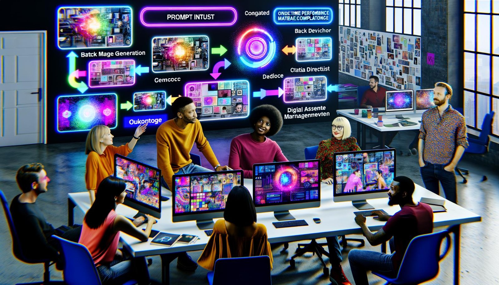 Futuristischer Workspace: diverses Kreativteam vor Screens mit KI-generierten Kampagnen-Assets; Flowchart zu Prompts, Batch-Bildern und DAM; Hologramme mit KPIs und Compliance-Checks, Moodboards und Styleguides.