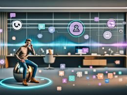 Futuristisches Büro mit jungem Kunden am Smartphone, Sprachwelle über dem Display; transparente Screens mit Echtzeit-Analytics, Chat-Flows und UI für ASR, NLU, TTS sowie Telephony; Icons für Datenschutz, CRM und Consent.