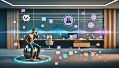 Futuristisches Büro mit jungem Kunden am Smartphone, Sprachwelle über dem Display; transparente Screens mit Echtzeit-Analytics, Chat-Flows und UI für ASR, NLU, TTS sowie Telephony; Icons für Datenschutz, CRM und Consent.