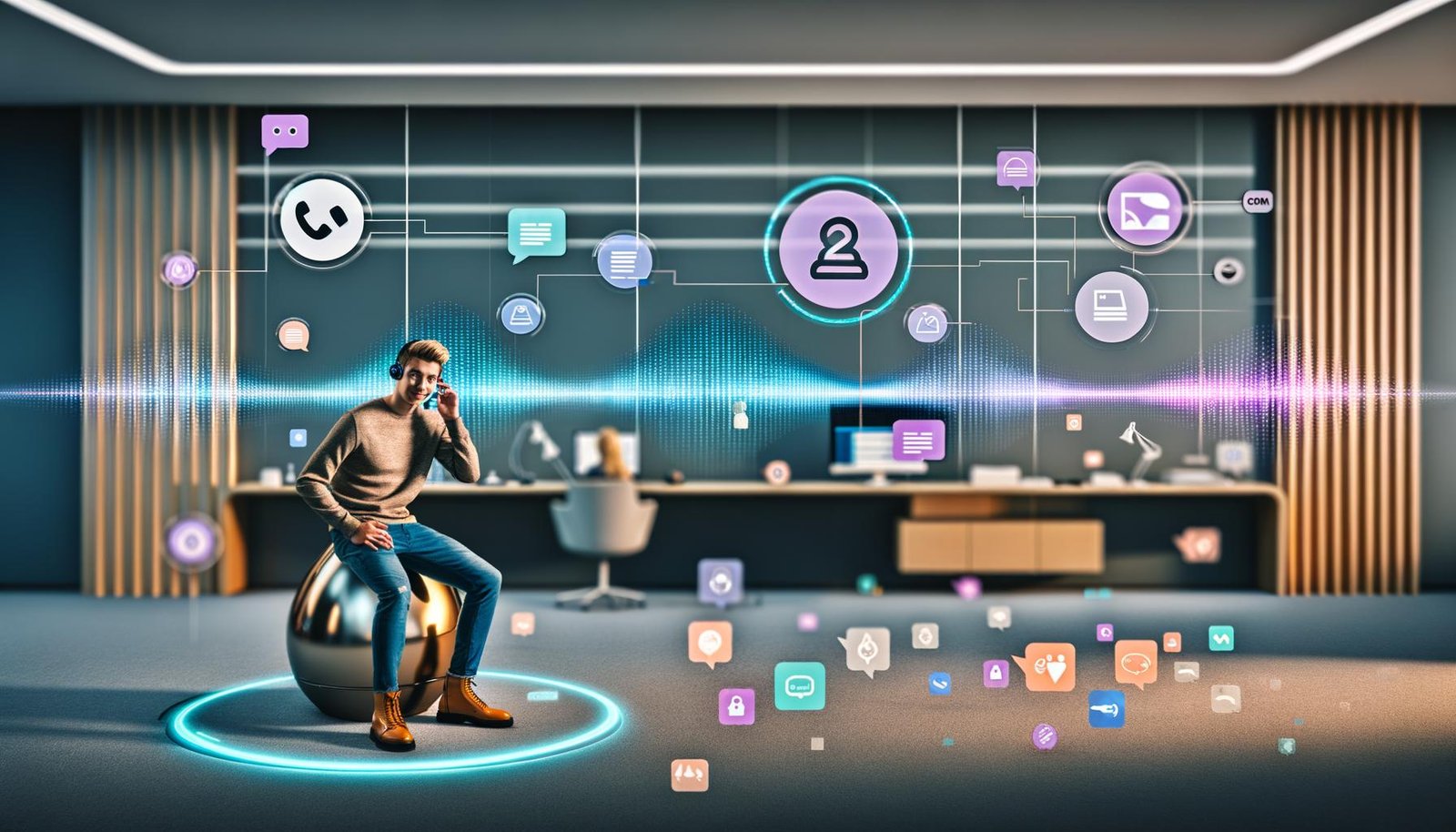 Futuristisches Büro mit jungem Kunden am Smartphone, Sprachwelle über dem Display; transparente Screens mit Echtzeit-Analytics, Chat-Flows und UI für ASR, NLU, TTS sowie Telephony; Icons für Datenschutz, CRM und Consent.
