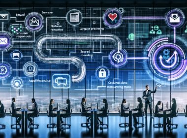 Diverse Fachkräfte in modernem Büro vor großen Bildschirmen; schwebende Flowcharts und Datenströme zeigen automatisiertes Kundenfeedback von Erhebung über Analyse bis Aktion; KI/NLP, Chatbots, sichere APIs, KPIs und DSGVO‑Schloss.