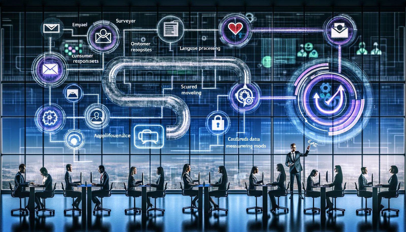 Diverse Fachkräfte in modernem Büro vor großen Bildschirmen; schwebende Flowcharts und Datenströme zeigen automatisiertes Kundenfeedback von Erhebung über Analyse bis Aktion; KI/NLP, Chatbots, sichere APIs, KPIs und DSGVO‑Schloss.