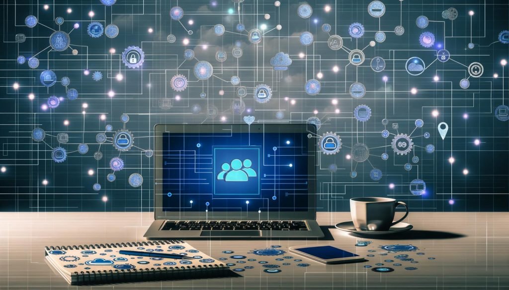 Moderner Arbeitsplatz mit Laptop, auf dem LinkedIn geöffnet ist; halbtransparente Zahnräder, Netzwerkknoten, Graphen und Wolken symbolisieren Automatisierung, Cloud, Proxys und Sicherheit; daneben Kaffeetasse und Notizbuch.