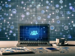 Moderner Arbeitsplatz mit Laptop, auf dem LinkedIn geöffnet ist; halbtransparente Zahnräder, Netzwerkknoten, Graphen und Wolken symbolisieren Automatisierung, Cloud, Proxys und Sicherheit; daneben Kaffeetasse und Notizbuch.
