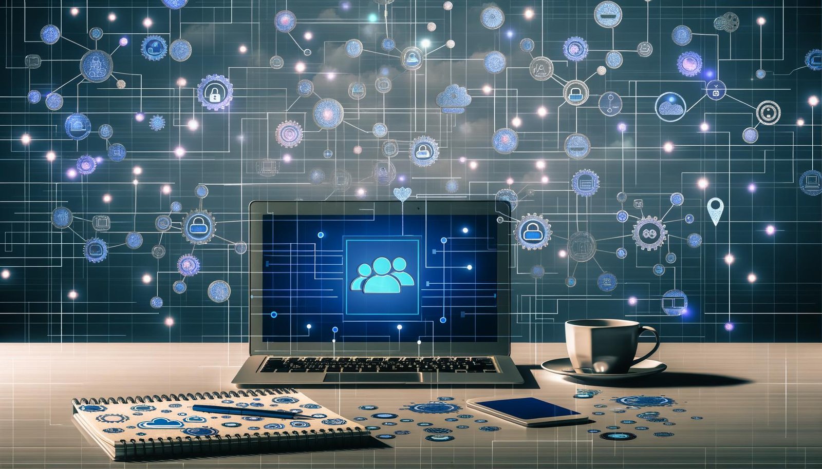 Moderner Arbeitsplatz mit Laptop, auf dem LinkedIn geöffnet ist; halbtransparente Zahnräder, Netzwerkknoten, Graphen und Wolken symbolisieren Automatisierung, Cloud, Proxys und Sicherheit; daneben Kaffeetasse und Notizbuch.