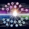 Konzeptionelle Infografik eines Chatbot-Flows mit vernetzten Knoten; farbcodierte Bereiche für NLU, Intent-Erkennung, Slot-Filling, Dialogmanagement und Aktionen; Symbole für Regeln, KI und Sicherheits-Guardrails sowie verzweigende Pfeile für hybride Orchestrierung; klar vor chaotischem Hintergrund.