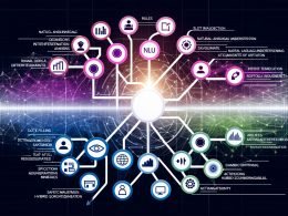 Konzeptionelle Infografik eines Chatbot-Flows mit vernetzten Knoten; farbcodierte Bereiche für NLU, Intent-Erkennung, Slot-Filling, Dialogmanagement und Aktionen; Symbole für Regeln, KI und Sicherheits-Guardrails sowie verzweigende Pfeile für hybride Orchestrierung; klar vor chaotischem Hintergrund.