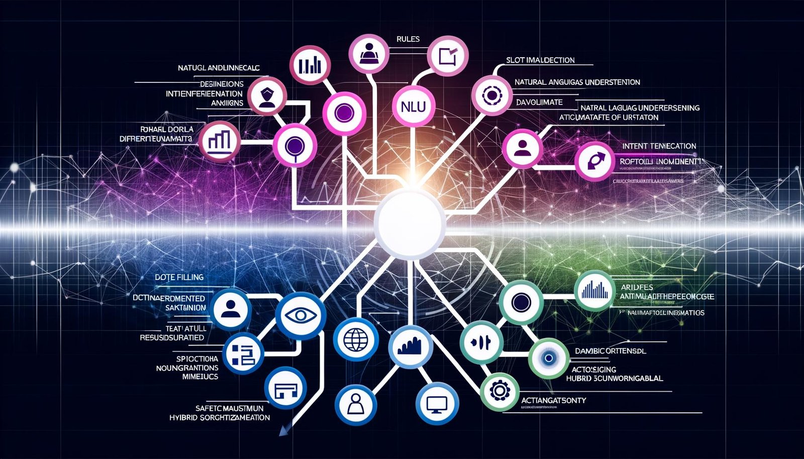Konzeptionelle Infografik eines Chatbot-Flows mit vernetzten Knoten; farbcodierte Bereiche für NLU, Intent-Erkennung, Slot-Filling, Dialogmanagement und Aktionen; Symbole für Regeln, KI und Sicherheits-Guardrails sowie verzweigende Pfeile für hybride Orchestrierung; klar vor chaotischem Hintergrund.