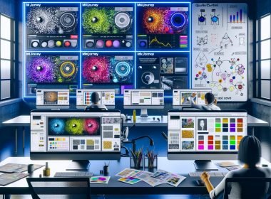 Ultramodernes Studio mit Midjourney-Interface; Designer prüfen KI-Anzeigen in 1:1, 4:5, 9:16 und 16:9 auf kalibrierten Displays.