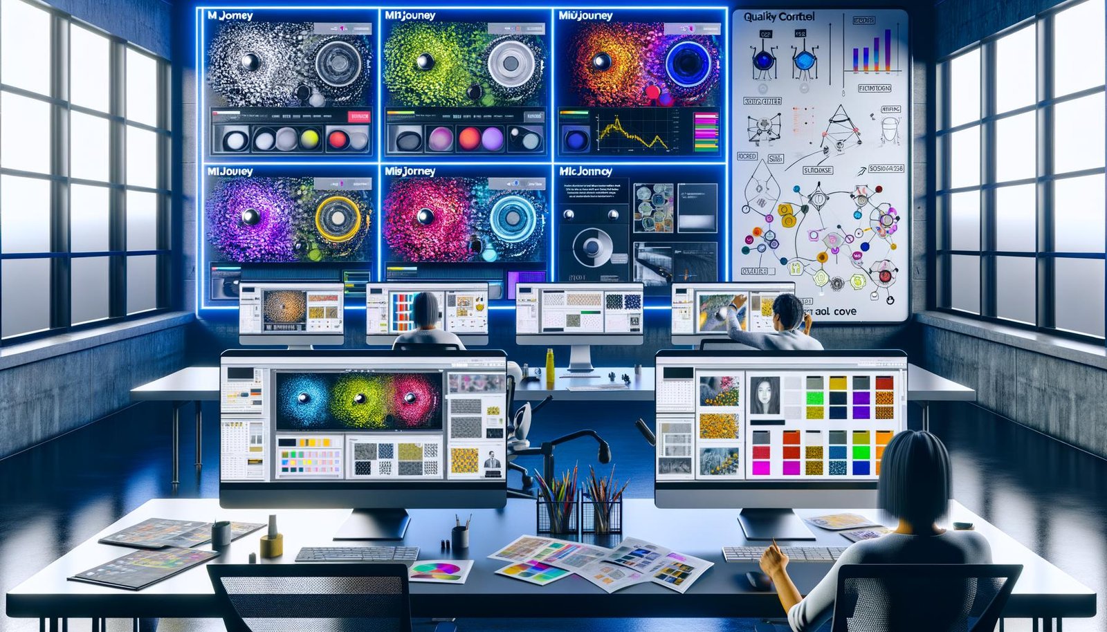 Ultramodernes Studio mit Midjourney-Interface; Designer prüfen KI-Anzeigen in 1:1, 4:5, 9:16 und 16:9 auf kalibrierten Displays.