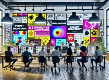 Modernes Kreativstudio mit Monitoren voller KI-generierter Designs, fokussiertem Team, Styleguides und Workflow-Whiteboards im Hintergrund.