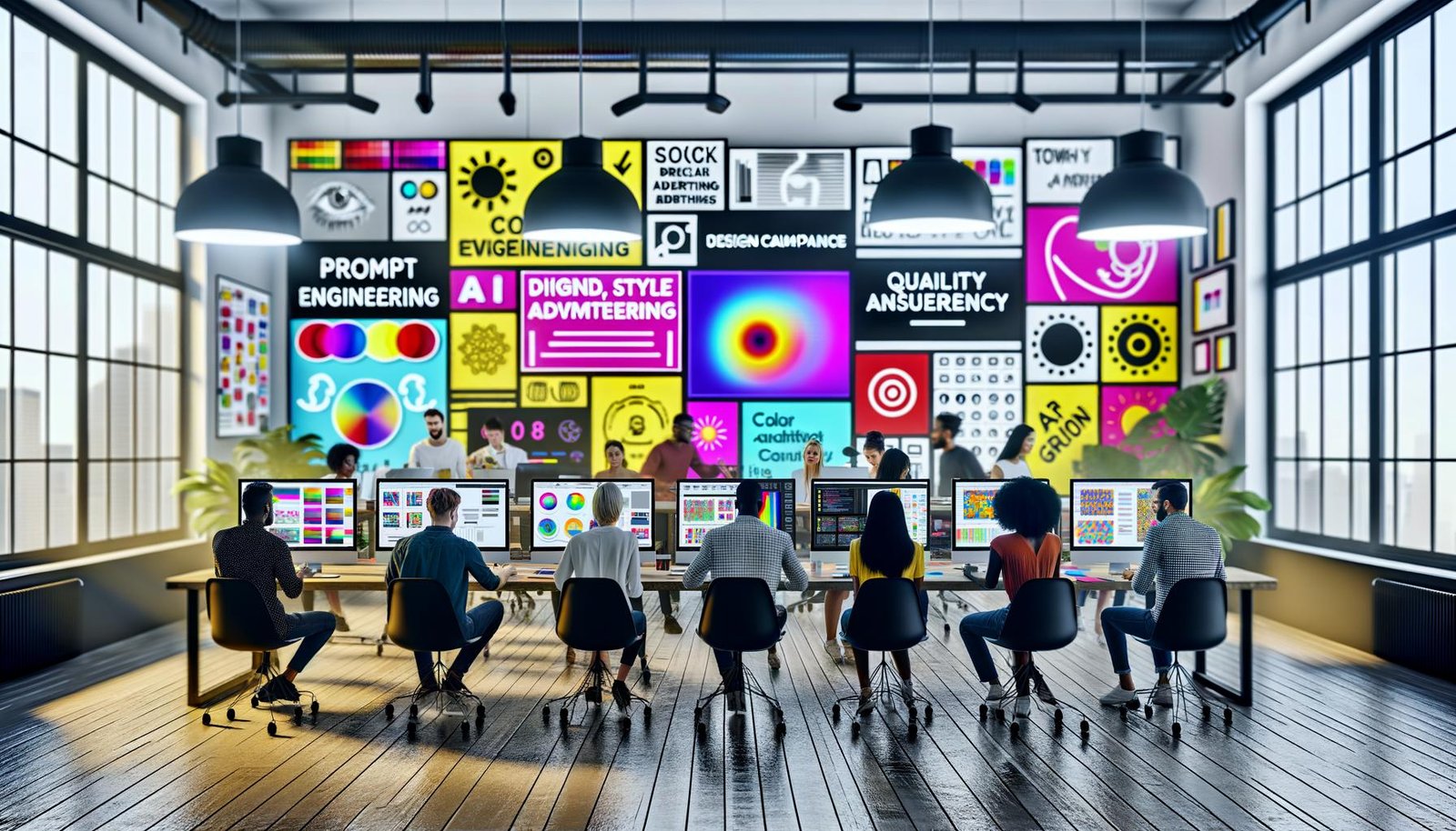 Modernes Kreativstudio mit Monitoren voller KI-generierter Designs, fokussiertem Team, Styleguides und Workflow-Whiteboards im Hintergrund.