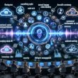 Futuristische Büroszene: diverses Marketingteam an großem Interface; Voicebot-Pipeline (Audio→ASR→Text) mit NLU, Dialog-Management, CRM- und Marketing-Automation; Echtzeit-APIs/Analytics; Kunde mit Voicebot am Smartphone; Charts zu Conversions, Kosten, KPIs; Compliance- und Omnichannel-Symbole.