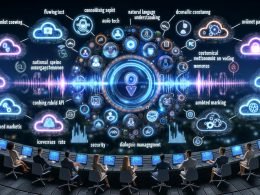 Futuristische Büroszene: diverses Marketingteam an großem Interface; Voicebot-Pipeline (Audio→ASR→Text) mit NLU, Dialog-Management, CRM- und Marketing-Automation; Echtzeit-APIs/Analytics; Kunde mit Voicebot am Smartphone; Charts zu Conversions, Kosten, KPIs; Compliance- und Omnichannel-Symbole.