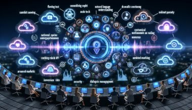 Futuristische Büroszene: diverses Marketingteam an großem Interface; Voicebot-Pipeline (Audio→ASR→Text) mit NLU, Dialog-Management, CRM- und Marketing-Automation; Echtzeit-APIs/Analytics; Kunde mit Voicebot am Smartphone; Charts zu Conversions, Kosten, KPIs; Compliance- und Omnichannel-Symbole.