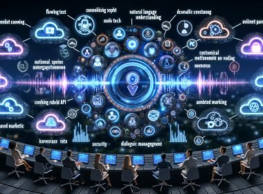 Futuristische Büroszene: diverses Marketingteam an großem Interface; Voicebot-Pipeline (Audio→ASR→Text) mit NLU, Dialog-Management, CRM- und Marketing-Automation; Echtzeit-APIs/Analytics; Kunde mit Voicebot am Smartphone; Charts zu Conversions, Kosten, KPIs; Compliance- und Omnichannel-Symbole.