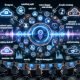 Futuristische Büroszene: diverses Marketingteam an großem Interface; Voicebot-Pipeline (Audio→ASR→Text) mit NLU, Dialog-Management, CRM- und Marketing-Automation; Echtzeit-APIs/Analytics; Kunde mit Voicebot am Smartphone; Charts zu Conversions, Kosten, KPIs; Compliance- und Omnichannel-Symbole.