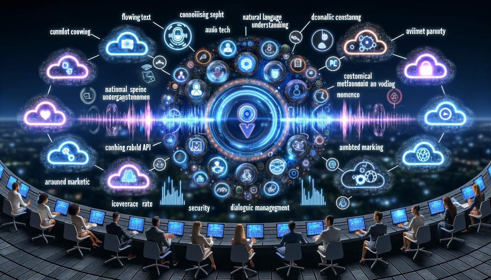 Futuristische Büroszene: diverses Marketingteam an großem Interface; Voicebot-Pipeline (Audio→ASR→Text) mit NLU, Dialog-Management, CRM- und Marketing-Automation; Echtzeit-APIs/Analytics; Kunde mit Voicebot am Smartphone; Charts zu Conversions, Kosten, KPIs; Compliance- und Omnichannel-Symbole.