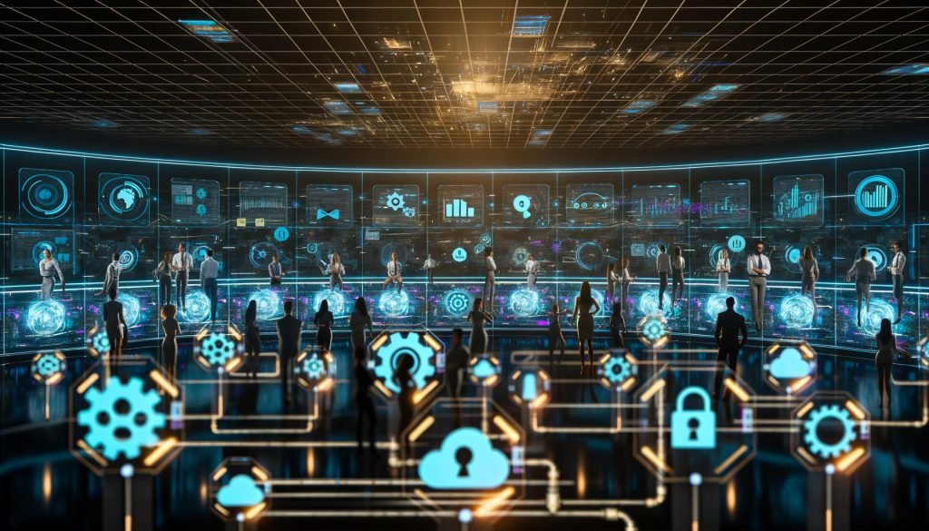 Futuristischer Kontrollraum mit leuchtenden Dashboards: diverses Team überwacht automatisierte Feedback-Kanäle; Roboterarme und Algorithmen priorisieren Signale; Echtzeit-Alerts, Sentimentanalyse, NPS, CSAT, Churn und DSGVO-Symbol sichtbar.